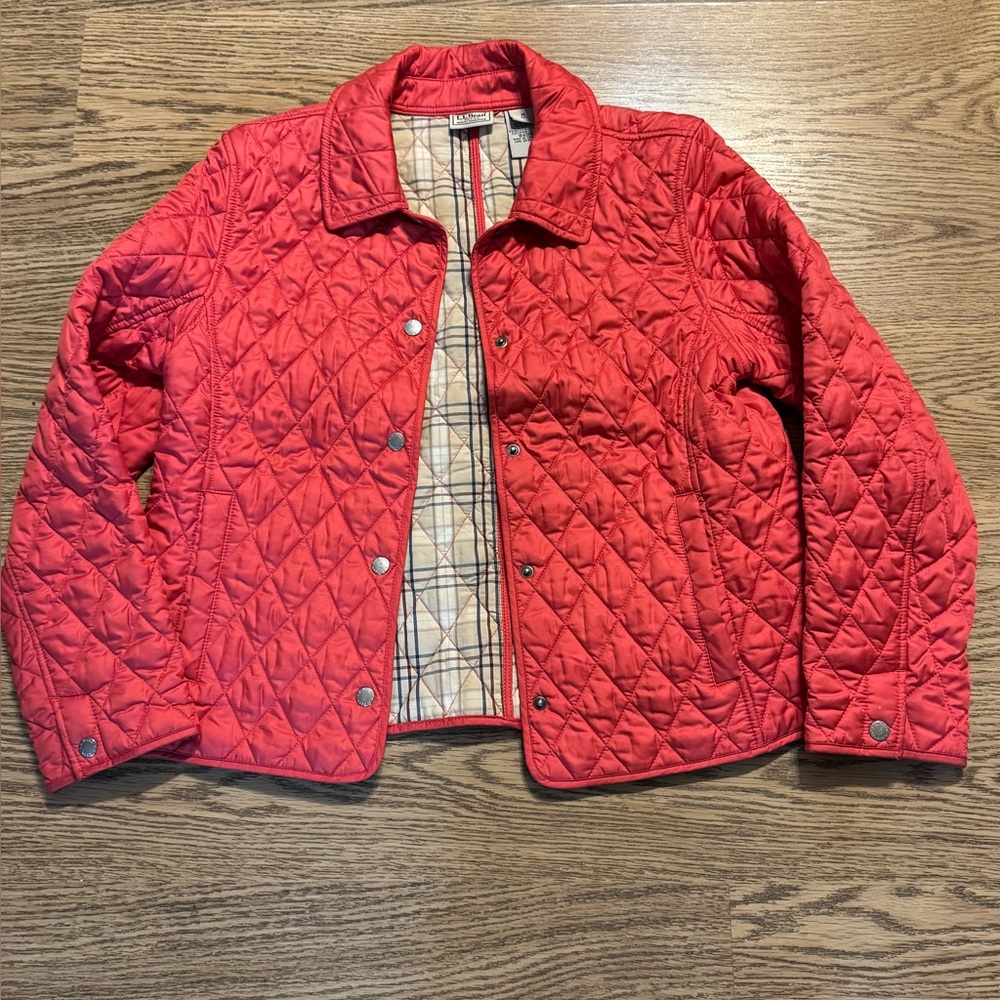 LL Bean Quilted Riding Jacket Women's M Petite Coral Pink Plaid Lining‎ Snaps